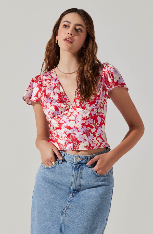 Satin V Neck Flutter Sleeve Top