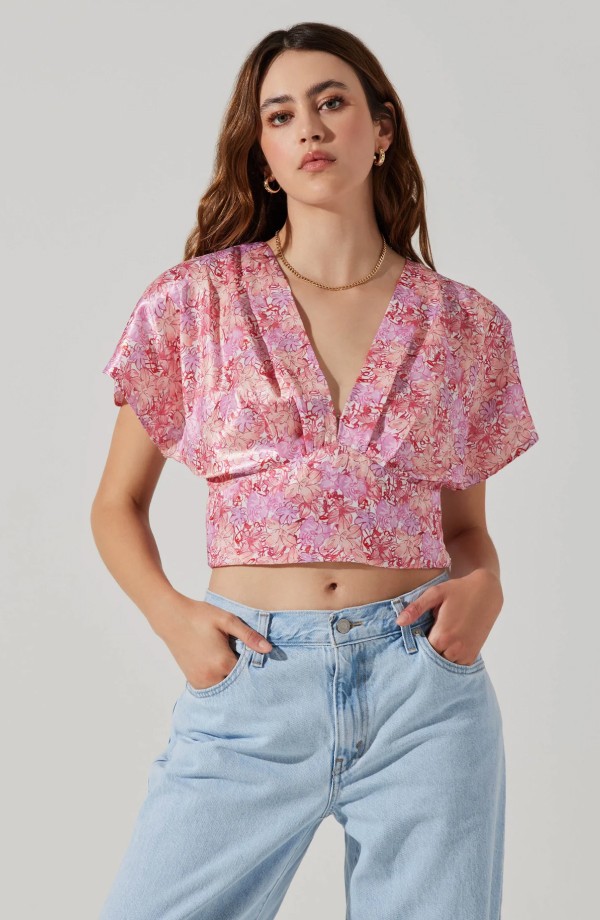 Satin Tie Back Flutter Sleeve Top